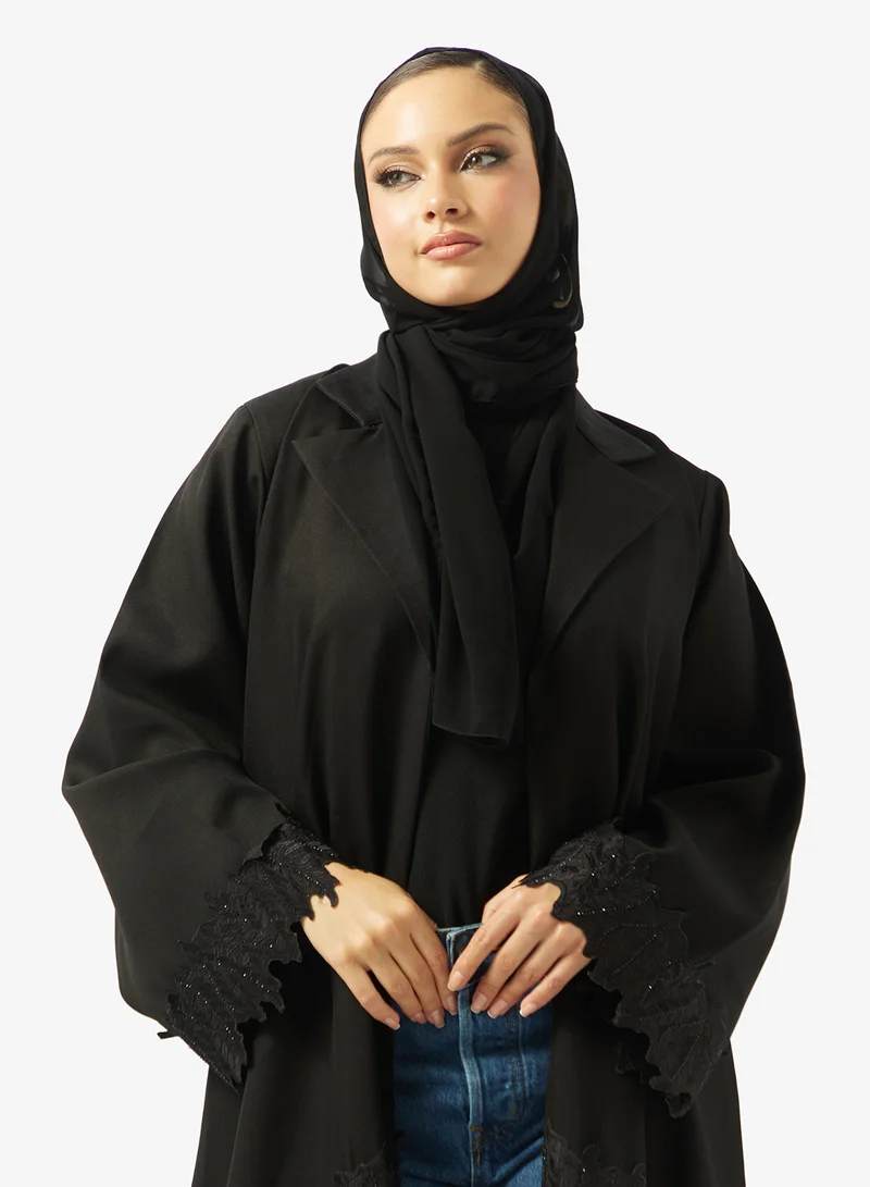 hayas closet  Black Abaya with Lace details & Sheila for Women | Best Price UAE